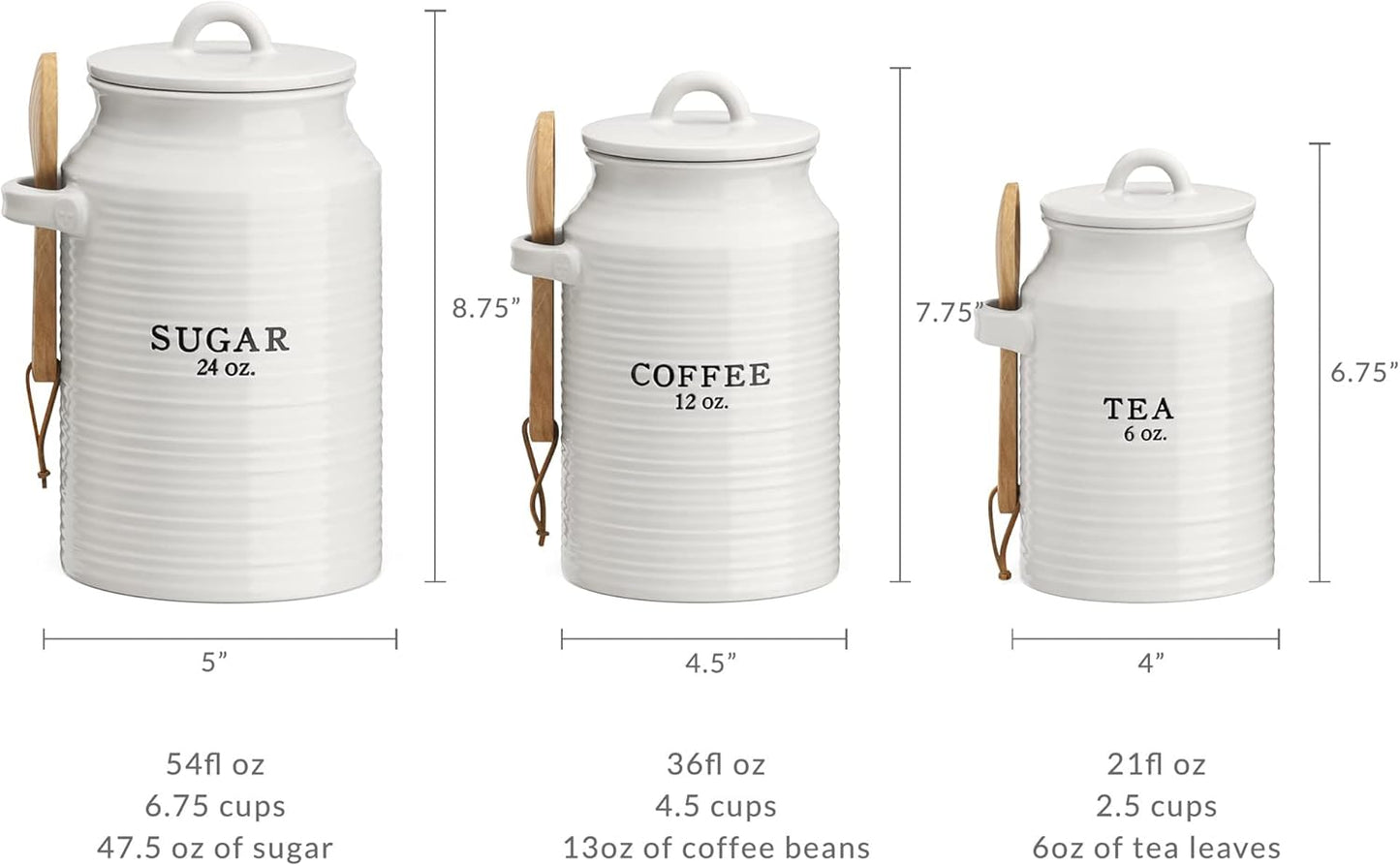 Barnyard Designs Canister Set for Kitchen Counter, Coffee Tea Sugar Container Ceramic Set, Decorative Canisters, Rustic Farmhouse Canister Jars, White (Coffee/Sugar/Tea)
