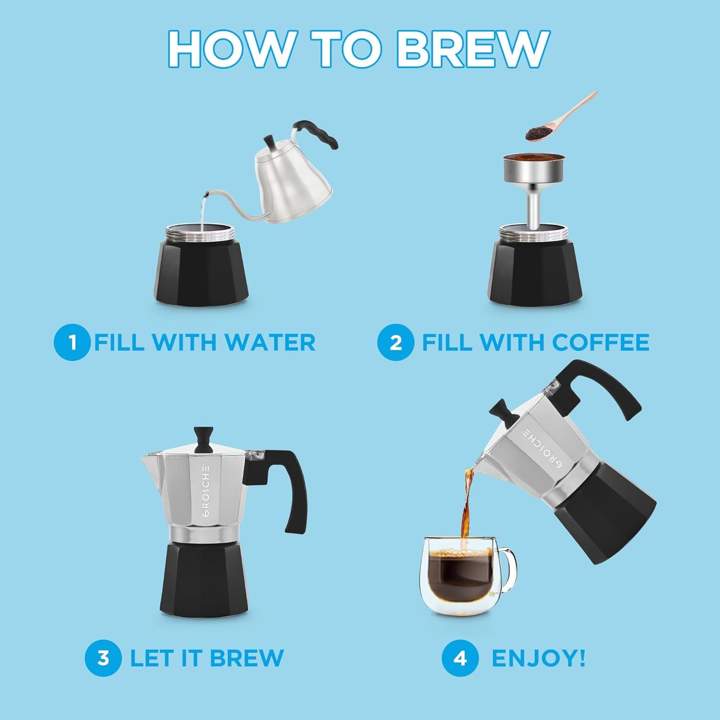 GROSCHE Milano Stovetop Espresso Maker Moka Pot Cuban Coffee Maker Stovetop Coffee Maker Moka Italian Greca Brewer Percolator | 6 Espresso Cup, Tuxedo