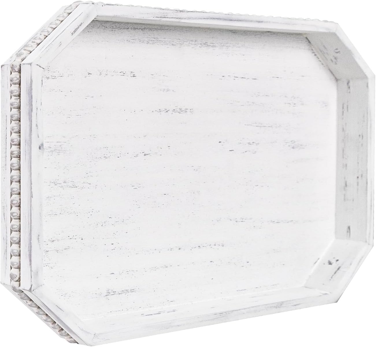 Wooden Decorative Tray, Rustic Serving Tray with Wood Bead, Farmhouse Big Tray for Ottoman, Countertop, Coffee Tabl, 16.5" x 13"x 1.6" (Retro White)