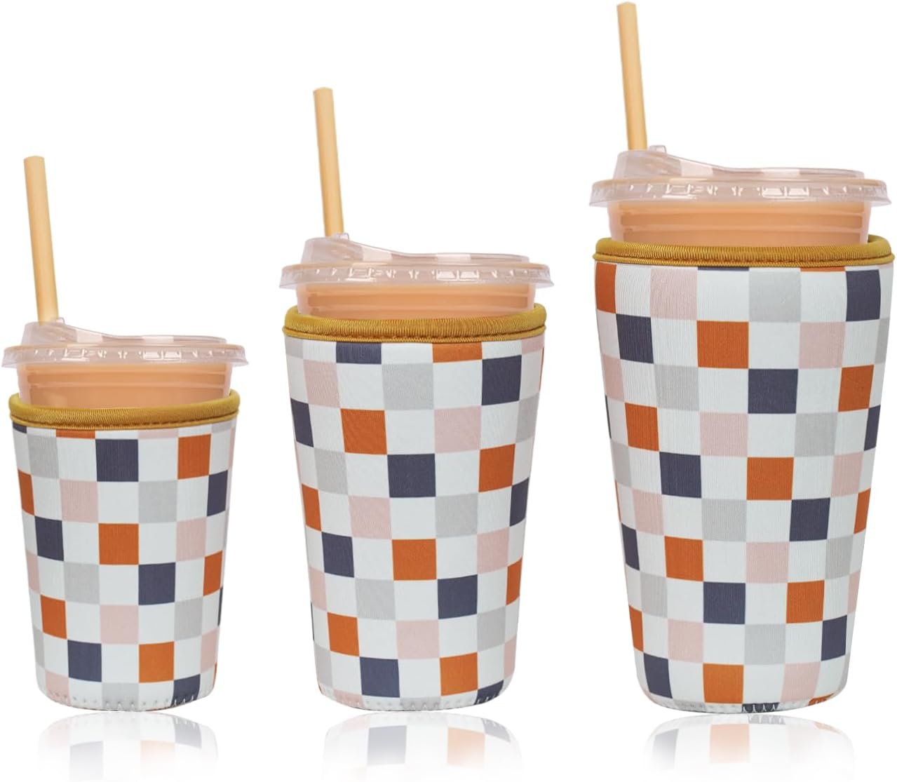 Reusable Insulated Neoprene Iced Coffee Cup Sleeve, Durable Drink Sleeve for Cold Beverages, Beverage Holder for Iced Coffee, Muted Grid