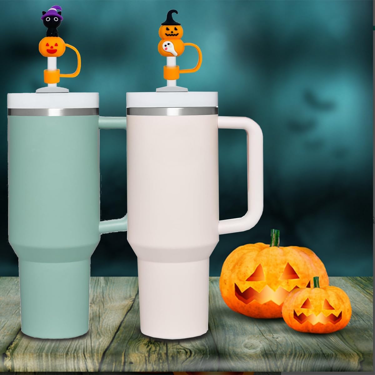 9PCS 3D Halloween Straw Toppers for Stanley Cup, Cute Silicone Skull Ghost Straw Covers Cap Compatible with 30&40oz Tumbler with Handle,10mm 0.4in Dust-Proof Reusable Tips Lids for Halloween Gifts