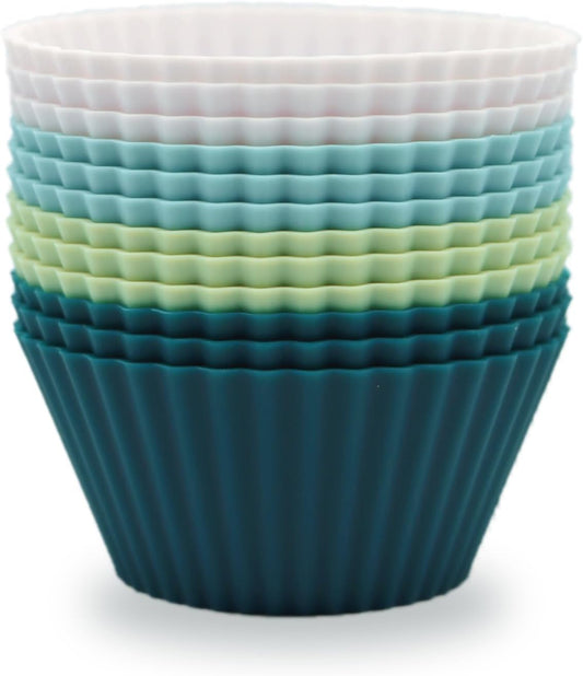 Silicone Baking Muffin Cups 12 Pack, Reusable Cupcake Liners Cake Molds, BPA Free, Dishwasher Safe(White, Green, Navy, Dusty Blue)