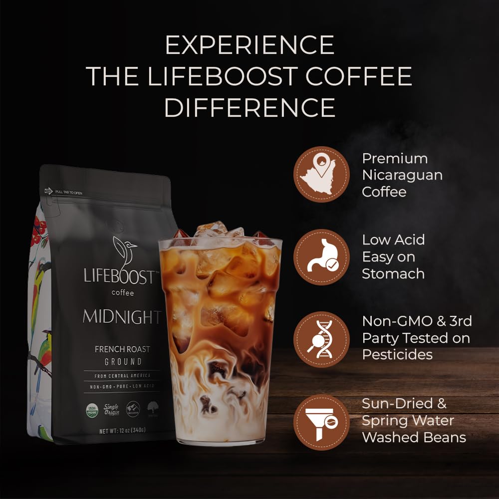 Lifeboost Midnight French Roast Coffee Ground - Non-GMO Single Origin USDA Organic Low Acid Coffee French Roast - Third Party Tested For Mycotoxins & Pesticides - 12 Ounces
