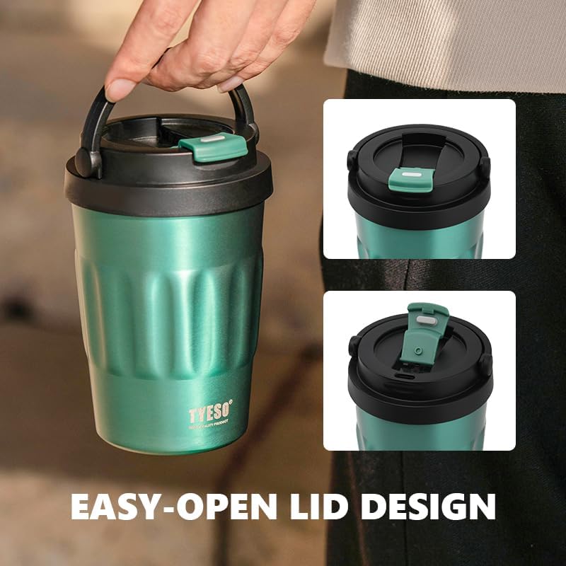 TYESO Stainless Steel Portable Tumbler with Flip Lid,Travel Mug with Concealed Carry Handle, Leakproof Insulated Coffee Cup (BLUE, 13 OZ)