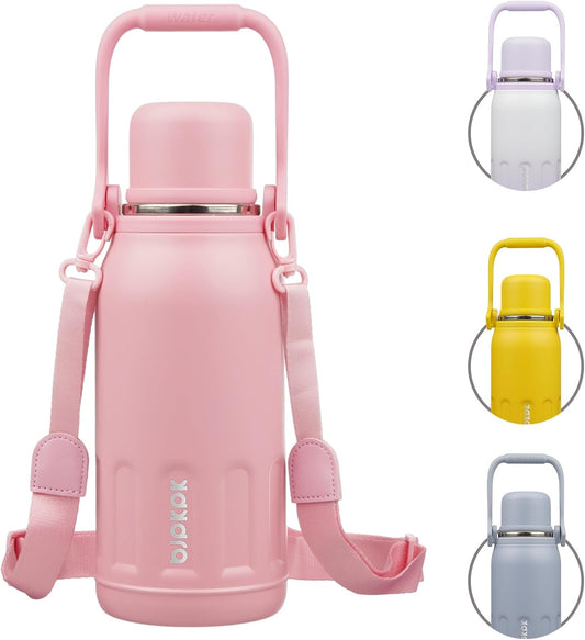 BJPKPK Insulated Water Bottle 40oz Stainless Steel Water Bottles Double Wall with Handle and Cup Lid Travel Metal Thermos,Light Pink