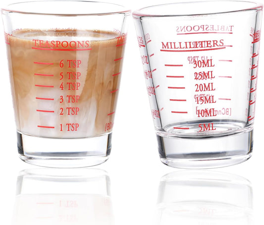 Shot Glasses Measuring cup Espresso Shot Glass Liquid Heavy Wine 2 Pack 26-Incremental Measurement 1oz, 6 Tsp, 2 Tbs, 30ml (2 pack-red)