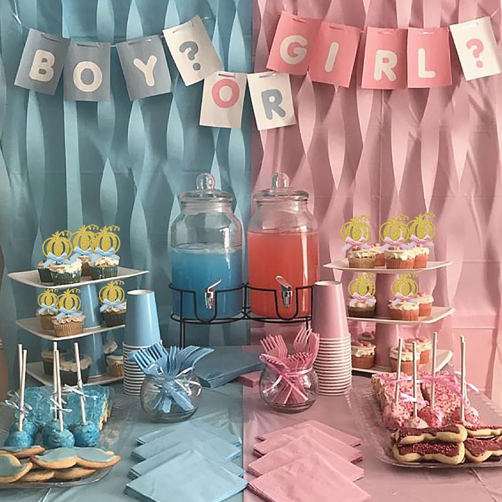 24pcs Pumpkin Gender Reveal Cupcake Toppers - Baby Shower Girl or Boy Party Decorations Supplies, Pumpkin Food Pick (Blue and Pink Bow)