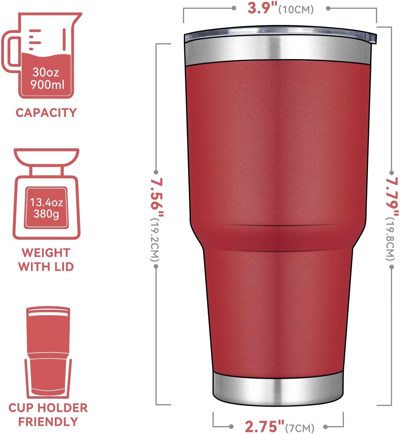 DOMICARE 30oz Tumbler Bulk with Lid and Straw, Double Wall Travel Coffee Mug, Insulated Vacuum Stainless Steel Tumblers, Powder Coated Tumbler Cup (Red, 8)