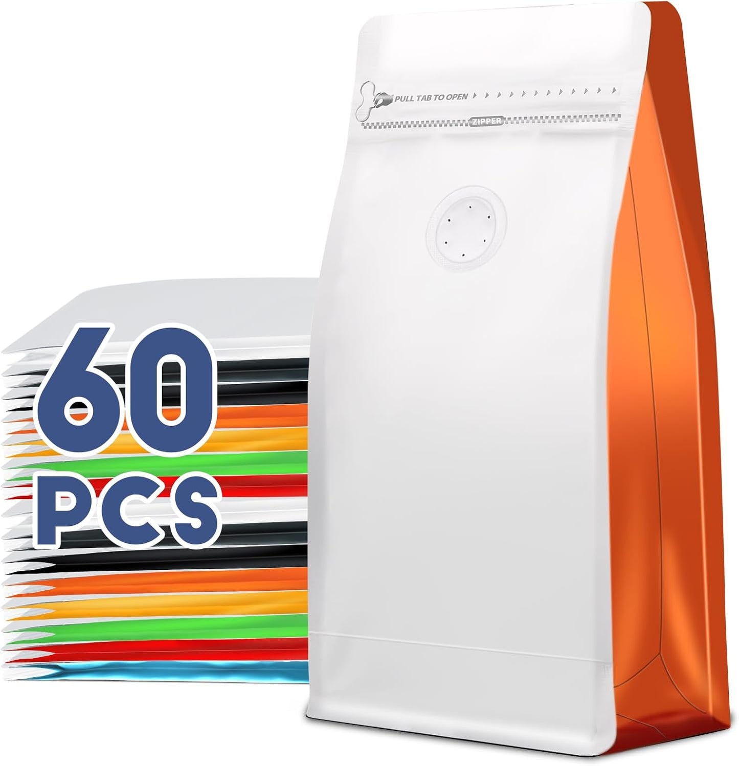 Coffee Bags with Valve(60pcs,16 oz,1 lb) Vented Coffee Beans Packaging Bags High Barrier Aluminumed Foil Flat Bottom Heat Sealed Side Zipper Resealable Storage Bag for Home or Business（White+Orange）