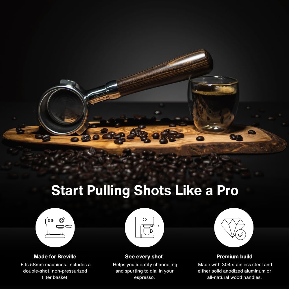 Crema Coffee Products 58mm Bottomless Naked Portafilter | Compatible with 58mm for E61 | Includes Double Shot Filter Basket | Olivewood