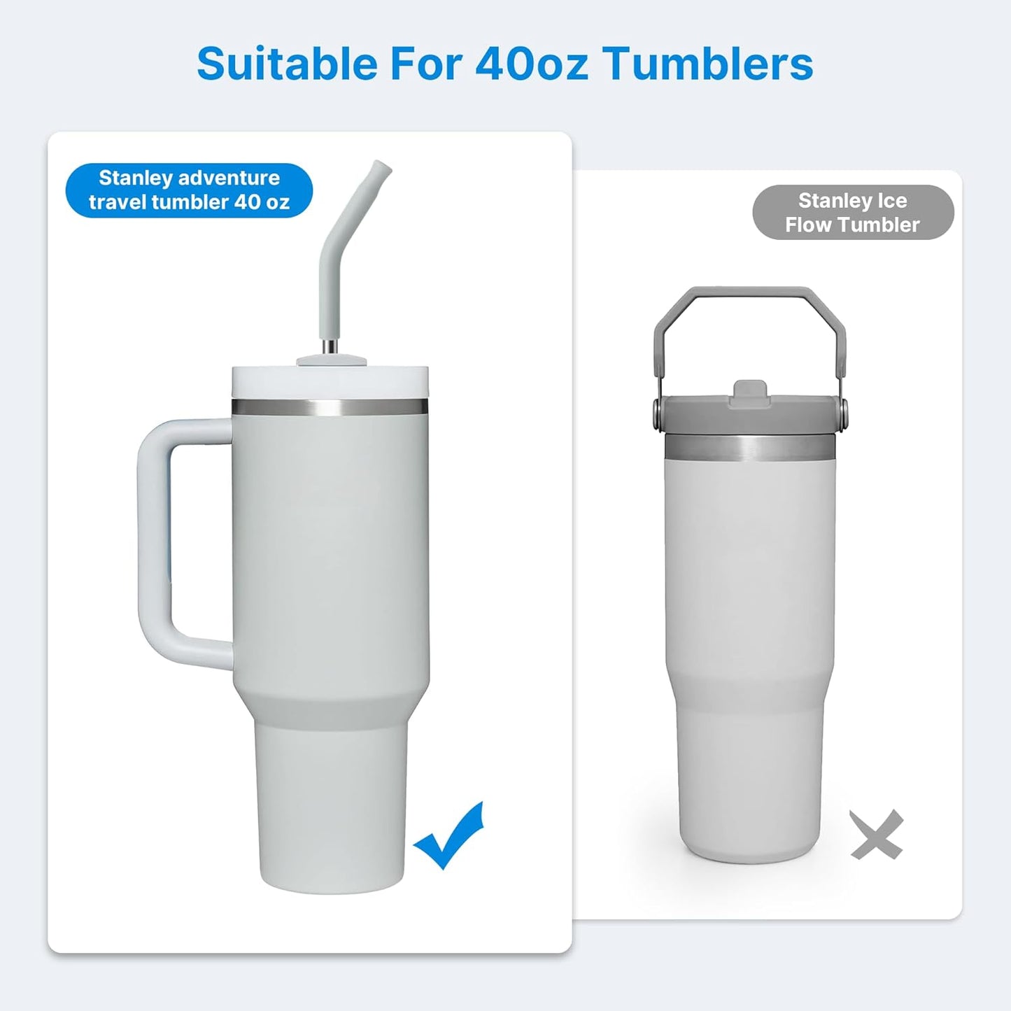 Metal Straw with Silicone Tip for 40oz Stanley Cup, 2 Pcs Stainless Steel Straws Replacement for Stanley 40 oz Adventure Quencher Travel Tumbler Cup, 1 Straw Brush (Light Gray)