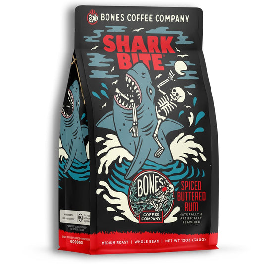Bones Coffee Company Shark Bite, Buttered Rum Flavored Coffee, Medium Roast Low Acid Arabica Beans Compatible with Auto drip and French Press Coffee Maker, 12 Oz Ground