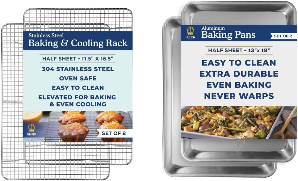 Ultra Cuisine Stainless Steel Cooling Rack & Aluminum Baking Pan Set - Professional Quality, Fits Half Sheet Pans - Cookie Sheet for Baking - 11.5"x16.5" Rack, 18"x13" Pan