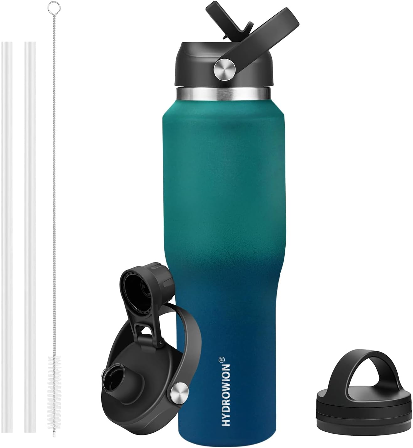 HYDROWION 40 oz Insulated Water Bottle with Straw fit in Car Cup Holder(Cold 48 hrs, Hot 24 hrs) Drinking Bottle with Straw Lid, Spout Lid and Flex Cap Leakproof Travel Thermo Mug，Green - Blue