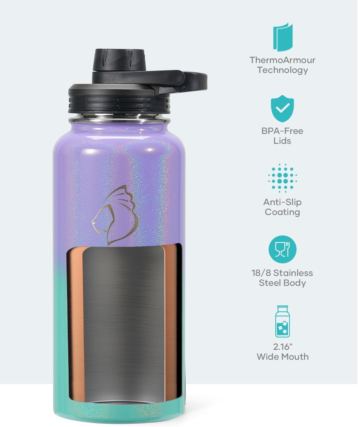 BUZIO 32 oz Water Bottle Insulated with Straw & 3 lid and Carrying Pouch, Leak Proof Anti-Slip Stainless Steel Water Flask Jug, Cold for 48 Hrs Double Vacuum Thermo Canteen, Pearlescent Purple Green