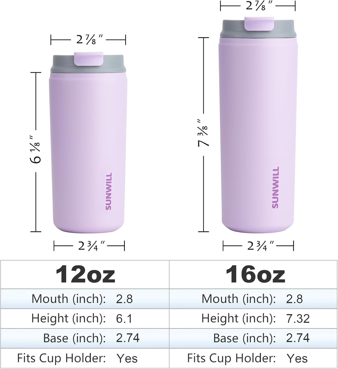 SUNWILL Travel Coffee Tumbler, Insulated Mug with Lid, Leak Proof Stainless Steel Cup 12 oz for Water, Tea, Ice, Powder Coated Lavender