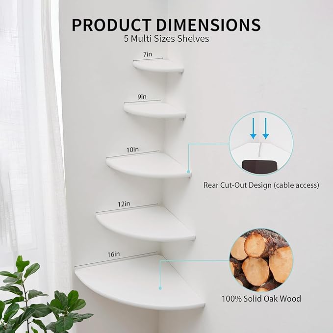 Gieanoo White Corner Wall Shelf 9inch Solid Oak Wood Floating Corner Shelf - Image 5