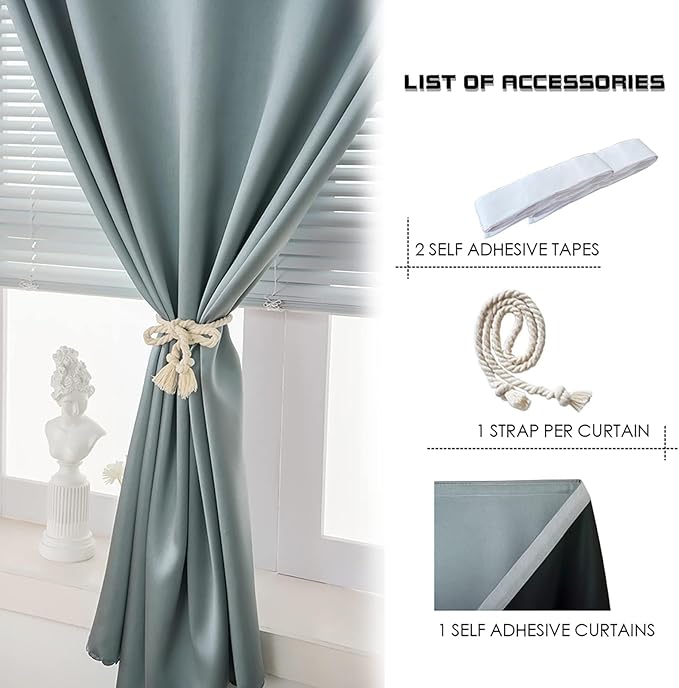 AJAZZ 100% Black Out Curtains Adhesive Blackout Temporary Curtain Rod No - Image 2
