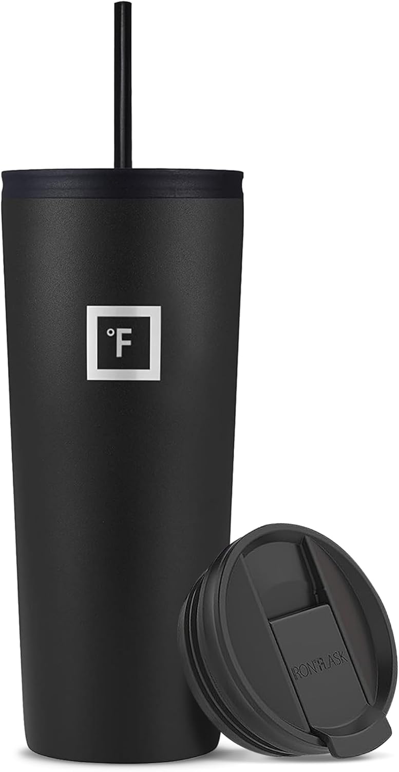 IRON °FLASK Classic Tumbler - Vacuum Insulated Stainless Steel Water Bottle, Double Walled, Drinking Cup, Insulated Travel Mug (Midnight Black, 24 oz Solid Lid)