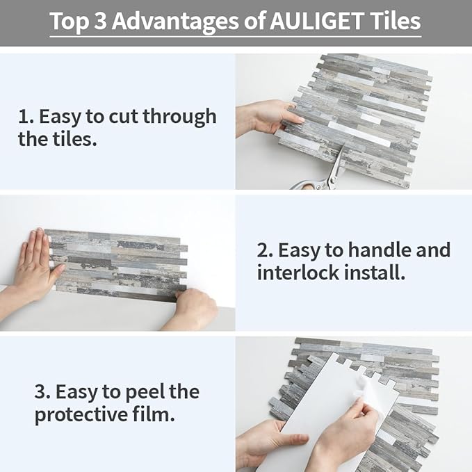 AULIGET 2-Sheet Peel and Stick Backsplash Wall Tiles, Distressed Wood Look PVC - Image 7