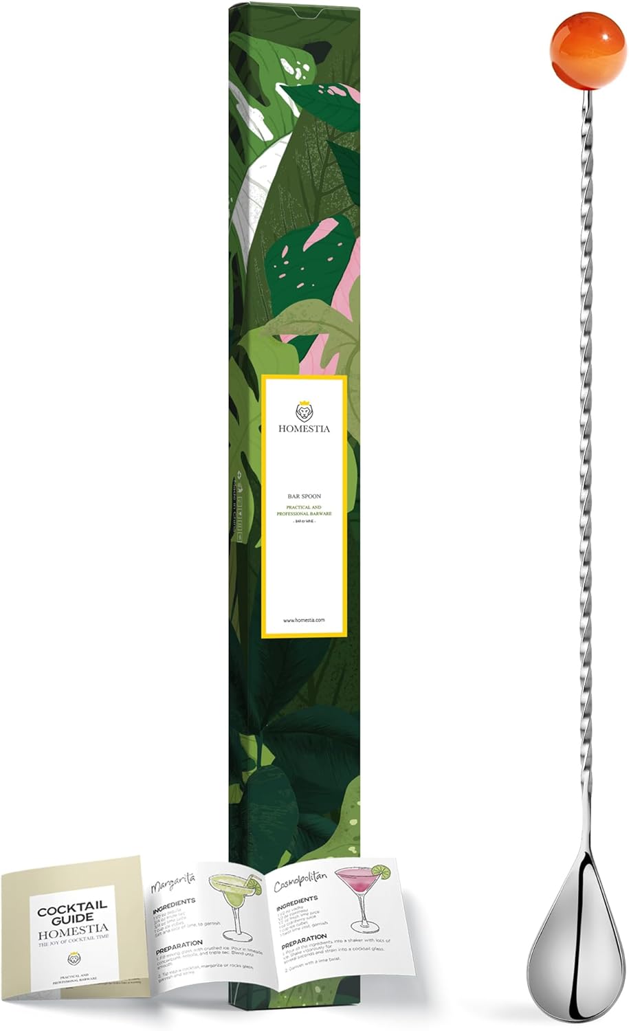 Homestia 12-Inch Natural Gemstone Bar Spoon, 304 Stainless Steel Cocktail Spoon for Layering Long Spiral Handle Mixing Spoon Stirrers for Drink (Orange)