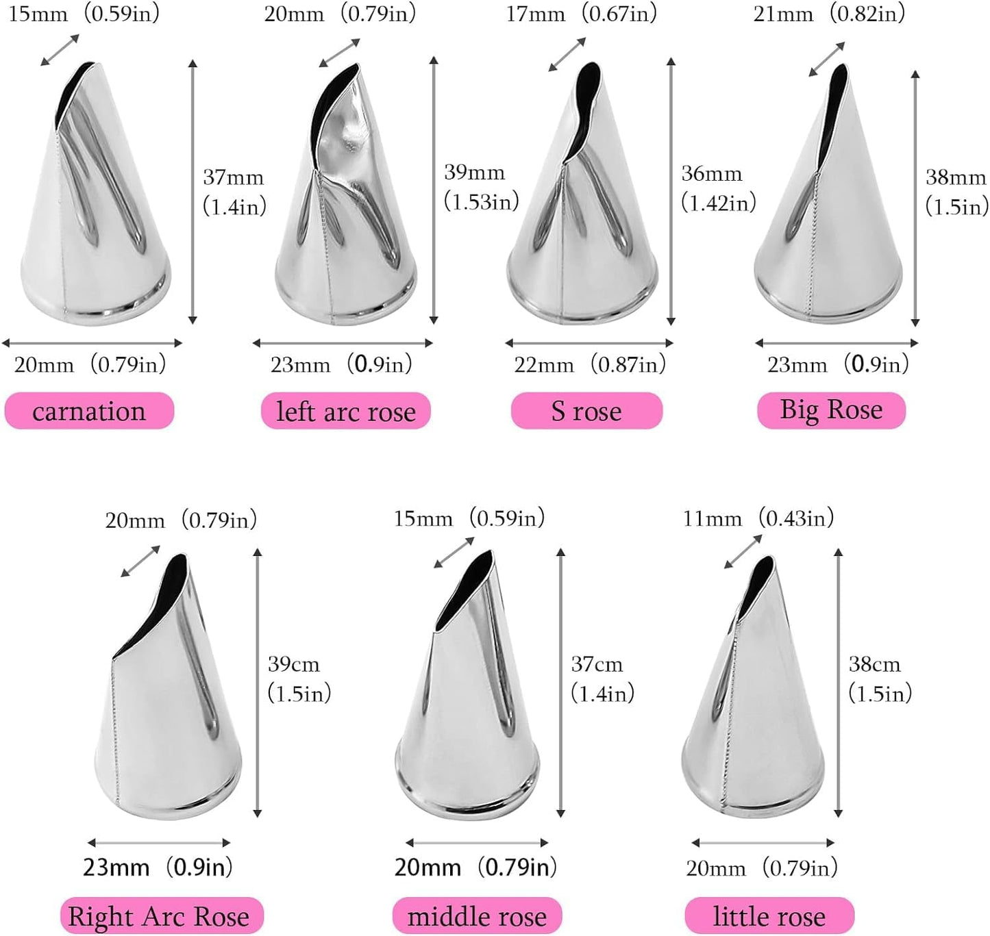 8 Pcs Rose Flower Piping Tips Set,Petal Icing Tips,PipingRose Nozzle,Stainless Steel Cake Decorating Pastry Tools, for CakeDecorating,with A Cleaning Brush (Rose-8pcs)