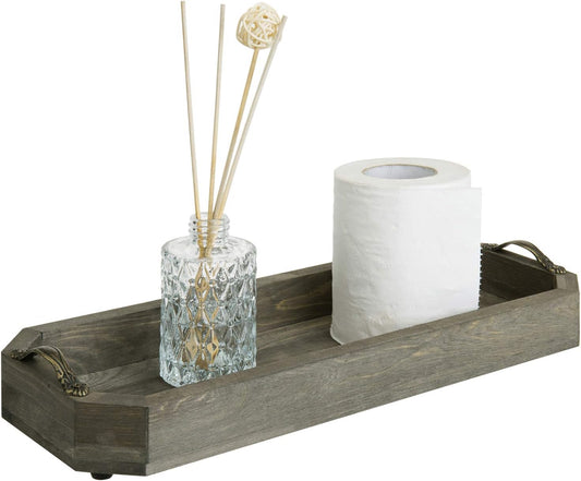 MyGift Wooden Vanity Tray, Rustic Gray Solid Wood Toilet Tank Tray - Decorative Octagonal Cosmetic Organizer with Antique Metal Handles