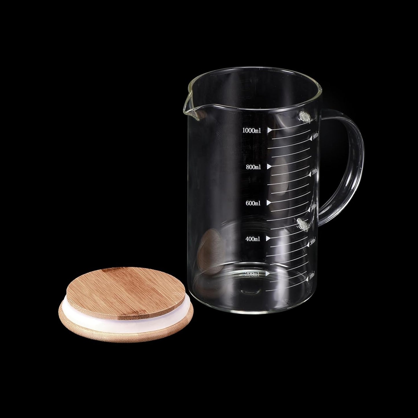 PATIKIL 1000ml Glass Measuring Cup, 3.3 Borosilicate Glass Graduated White Printed Scale Liquid Measure Cups Beaker with Wood Lid and V-Shaped Spout for Kitchen