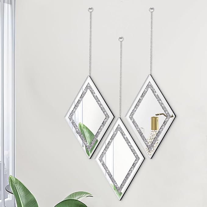 Pibeyer Silver Diamond Shaped Wall Mirror Set of 3, Decorative Crystal Crush - Image 2