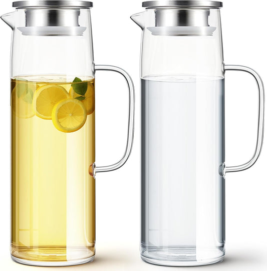 Hsei 2 Sets Glass Pitcher with Lid, 50 oz / 1500 ml Water Carafe with Handles Hot Cold Beverage Water Jar Glass Jug for Tea Juice Milk Coffee Iced Beverage