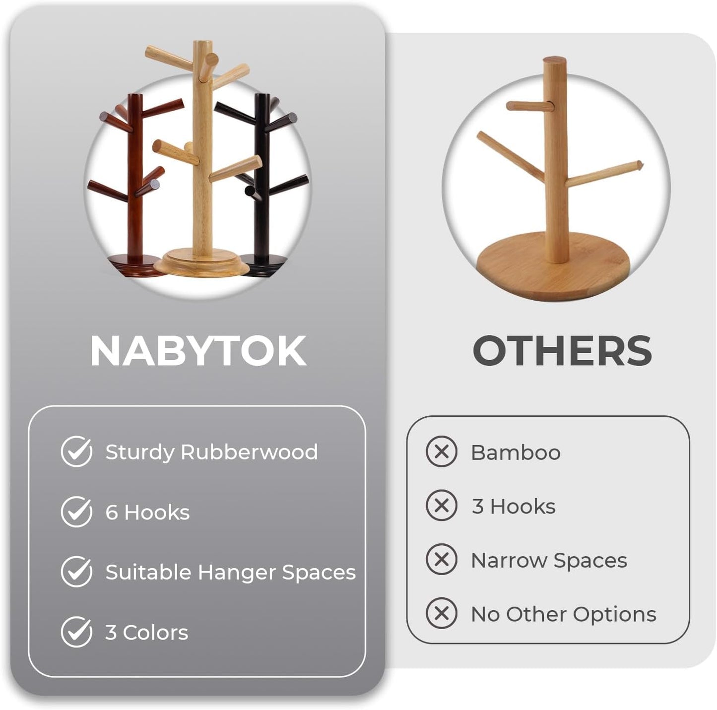 Pack 2 Mug Tree 6 Hooks Rubberwood 13.5"x7"x7", Strudy & Thick Base, Large & Small Cup Holder Tree Wooden for Jewelry, Kitchen Tools, Pantry, Ornaments, Countertop, Table Organizer (Black)