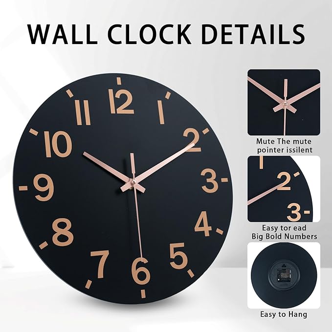 HZDHCLH Wall Clock 10 Inch Silent Non Ticking Wood Battery Operated Black - Image 2