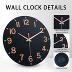 HZDHCLH Wall Clock 12 Inch Silent Non Ticking Wood Battery Operated Black - Image 2