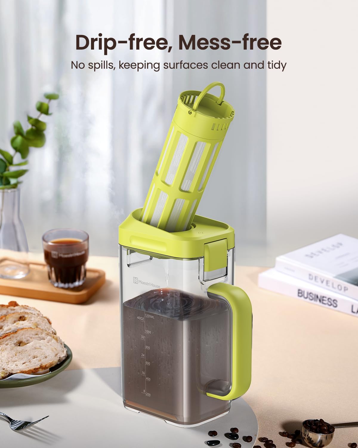 Maestri House Cold Brew Coffee Maker, 40oz Iced Tea and Coffee Maker Brewer Space Saving Tritan Pitcher, 350 Mesh Filter, 100% Leak-Proof