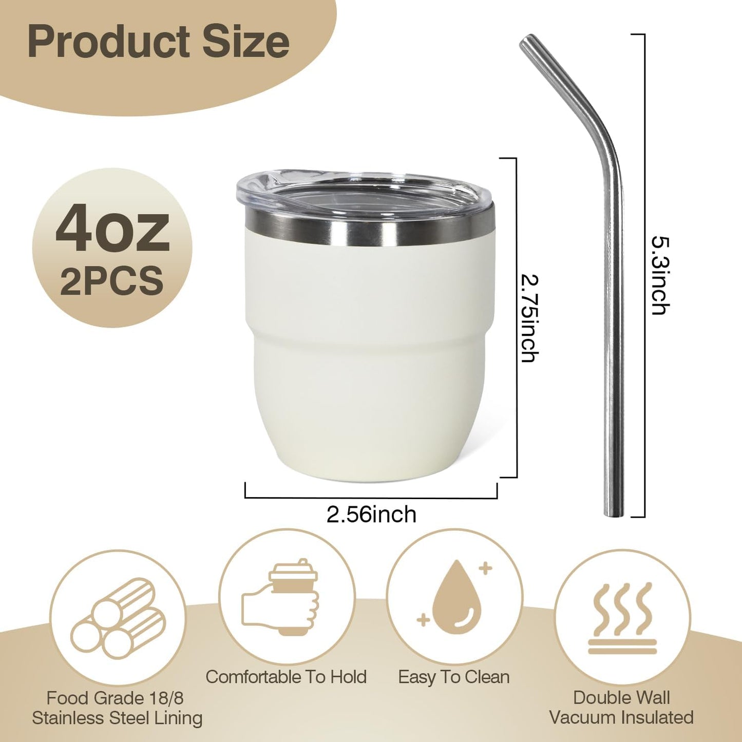 4oz Stackable Cup, Vacuum Insulated Espresso Cup Set of 2, Espresso Shot Glass for Coffee, Double Wall Stainless Steel Mini Tumbler Shot Glasses with Straw and Lid (A-white2P, 4oz)