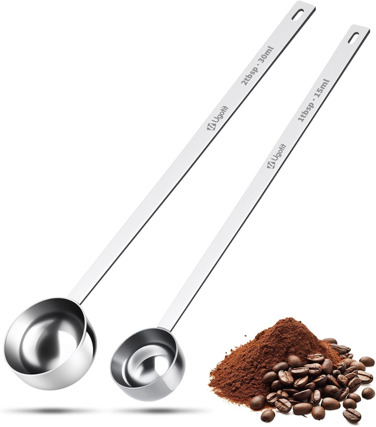 304 Stainless Steel Coffee Scoop, Long Handle Measuring Scoop for Ground Coffee, Engraved TBSP/ML, Dishwasher Safe (1 Tbsp & 2 Tbsp)