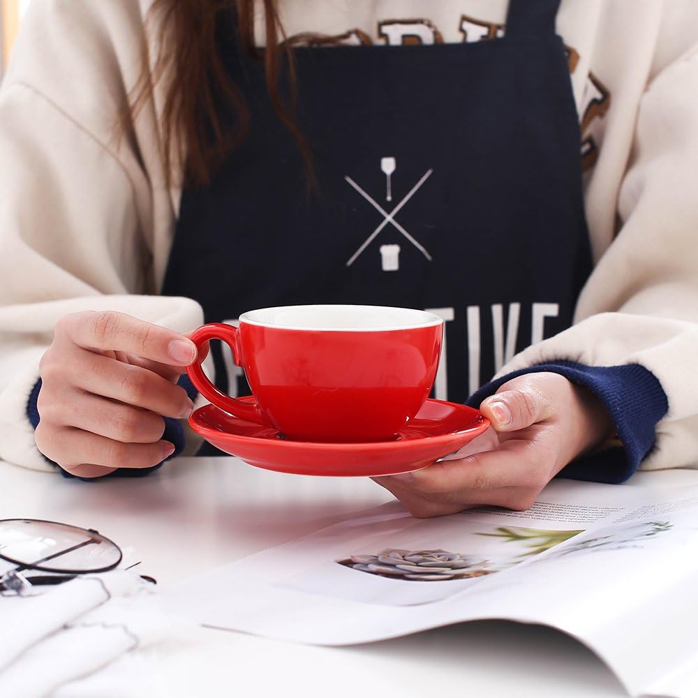 Manual Brew Coffee Cup and Saucer, Latte Art Cappuccino for Coffee Shop and Barista (Glossy Red, 8.5 oz)