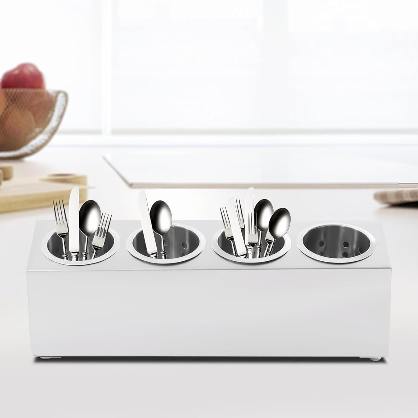 Stainless Steel Flatware Utensil Holder, Commercial Cylinder Silverware Organizer for Countertop Restaurant, 4-Hole