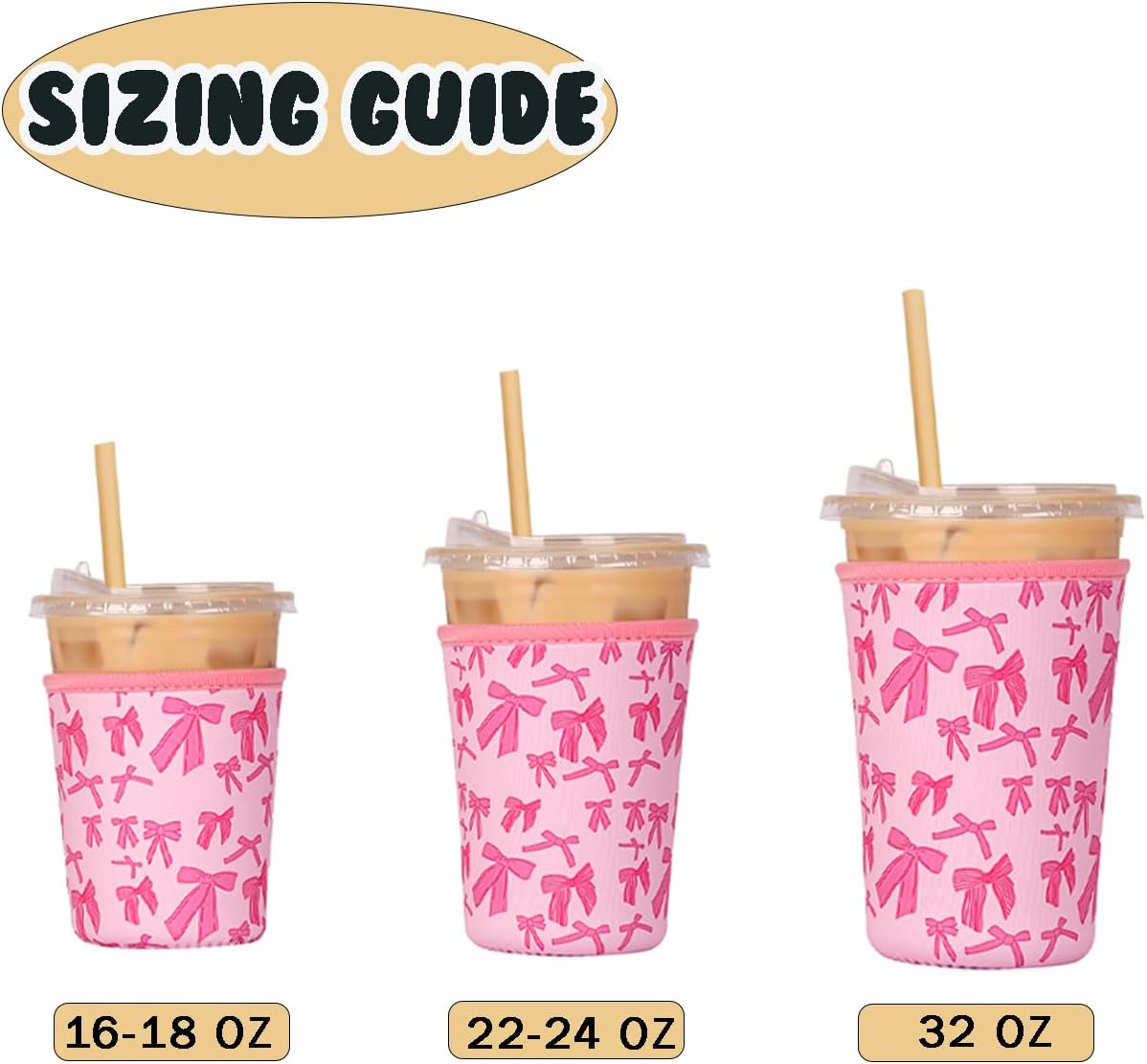 Reusable 3-Pack Iced Coffee Cup Sleeve, Insulated Neoprene, Beverage Holder for Iced Coffee, Durable Drink Sleeve for Cold Beverages, Pink Bows