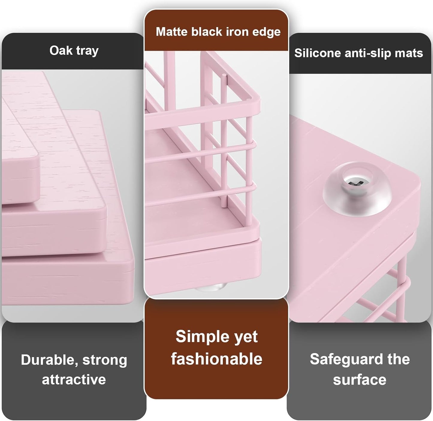 Wican Guest Towel Holder Tray for Bathroom, Oak and Iron Napkins Holder for Powder Room Dinning Table Wooden Basket for Disposable Paper Hand Towels Totally Pink