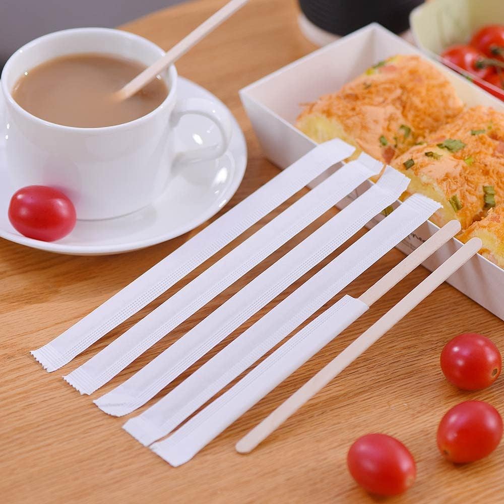 200pcs Individually Wrapped Coffee Stirrers Wood - 7" Coffee Stir Sticks, Round End Disposable coffee stirrer, For Coffee, Cocktail and Hot Drinks
