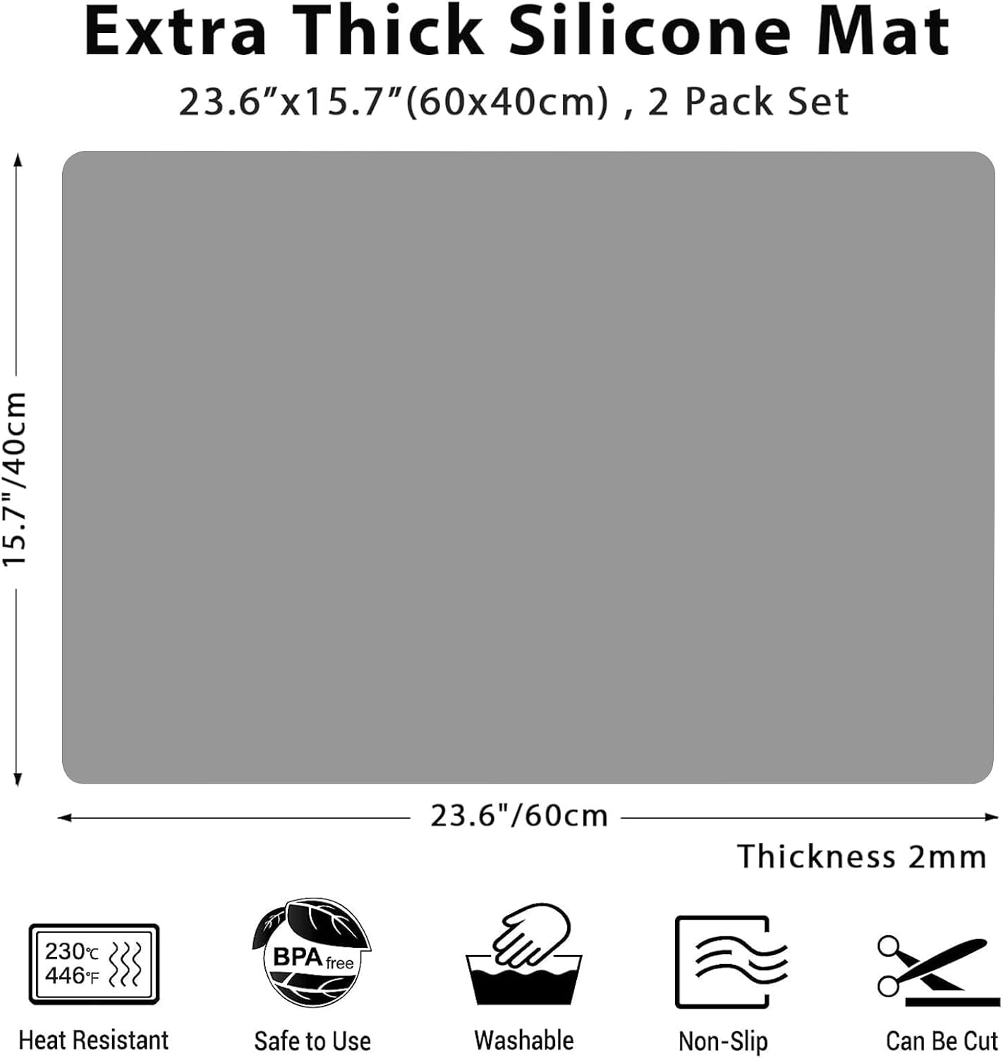 2MM Extra Thick Silicone Mats for Kitchen Counter, 23.6" x15.7" Non-Slip Waterproof Large Countertop Protector Mat, Heat Resistant Mat, 2 Pack Silicone Craft Mat, Silicone Placemat, Light Gray