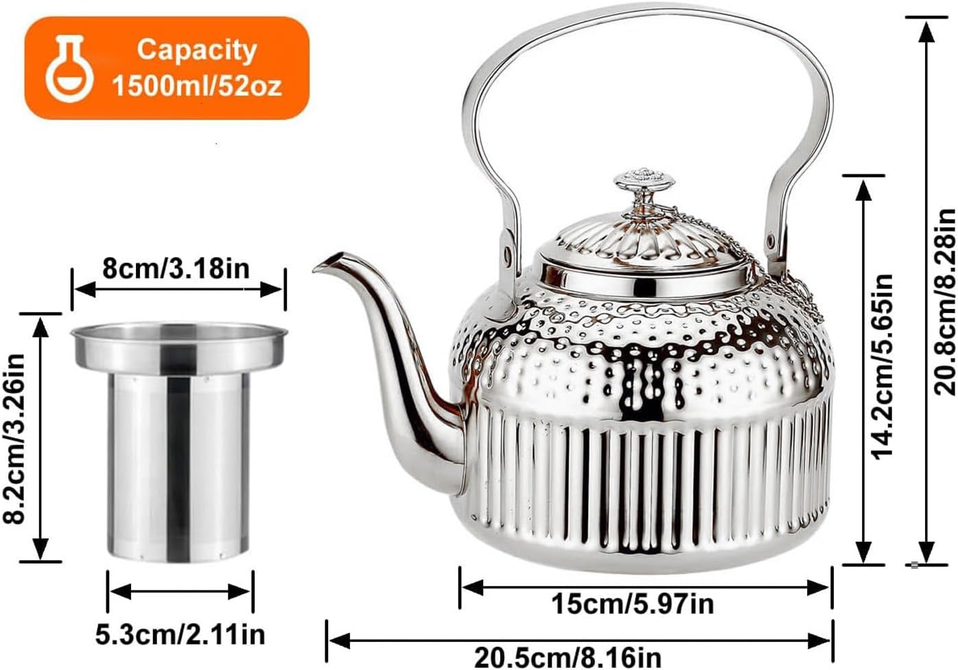 SANQIAHOME Antique 1.5L (50Oz) Stainless Steel Teapot with Infuser Silver