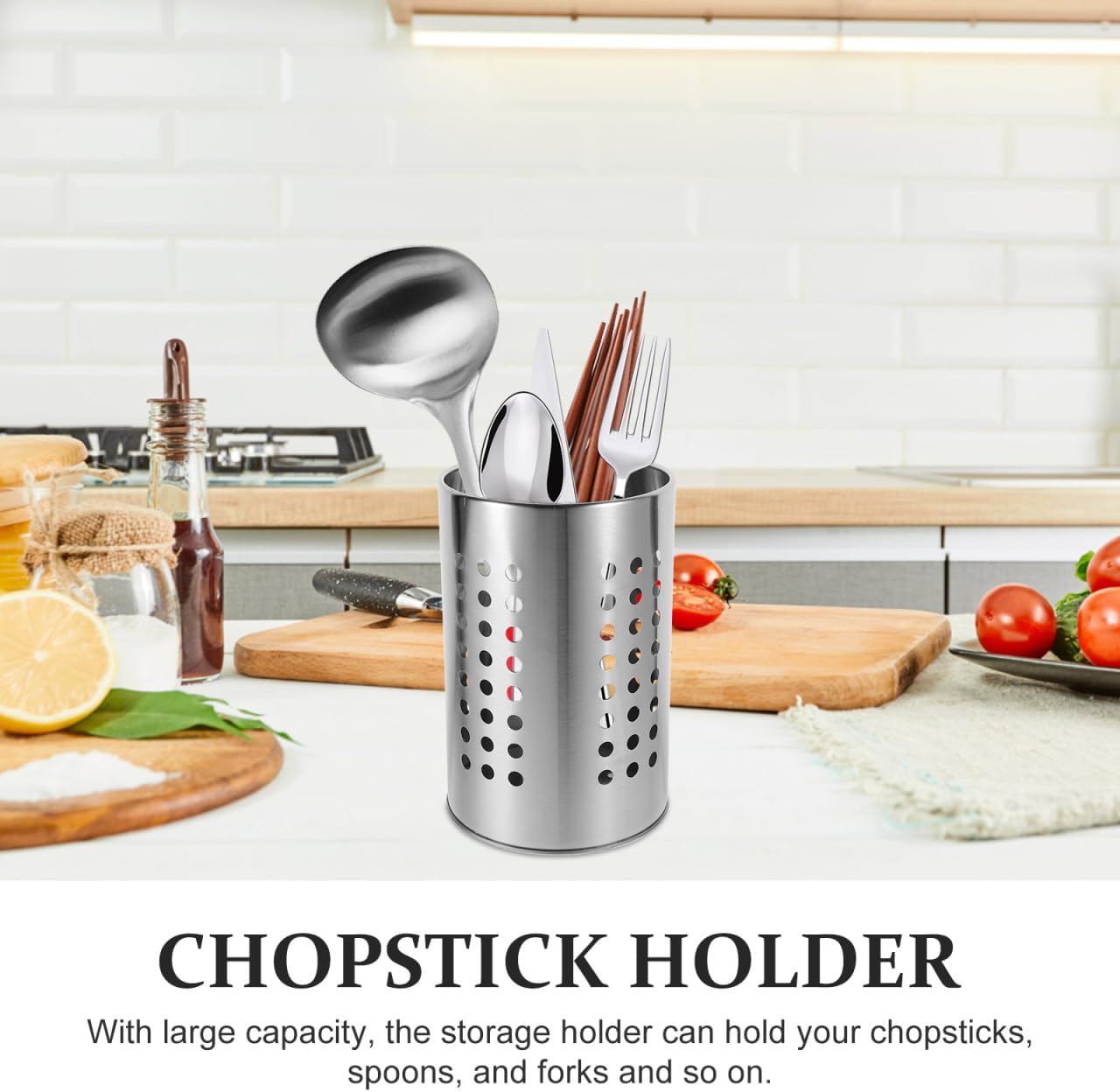 Stainless Steel Kitchen Utensil Holder Flatware Cylinder Silverware Draining Organizer Drying Rack with Round Drain Holes for Forks, Knives, Spoons, Chopsticks