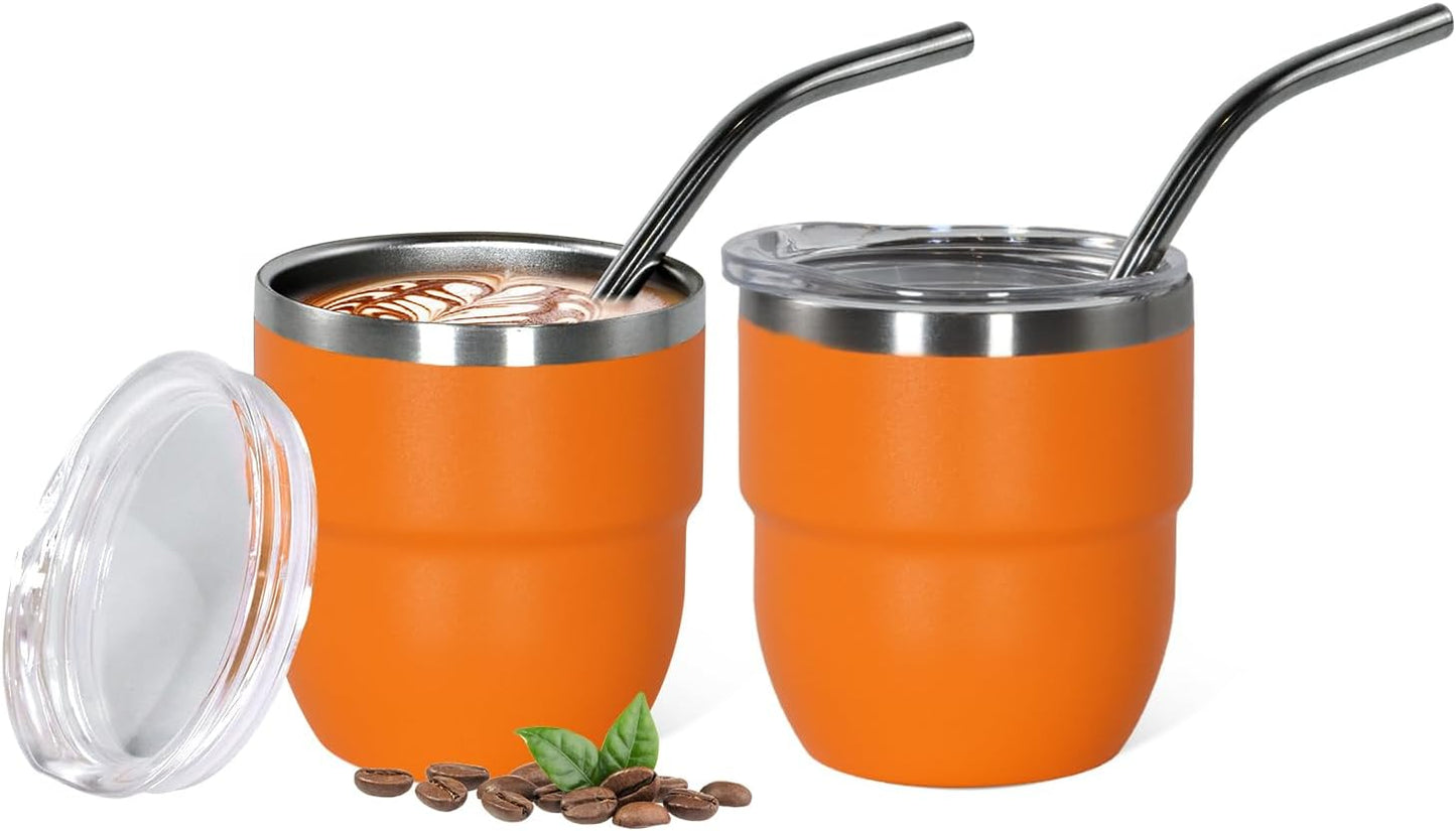 4oz Stackable Cup, Vacuum Insulated Espresso Cup Set of 2, Espresso Shot Glass for Coffee, Double Wall Stainless Steel Mini Tumbler Shot Glasses with Straw and Lid (A-orange2P, 4oz)