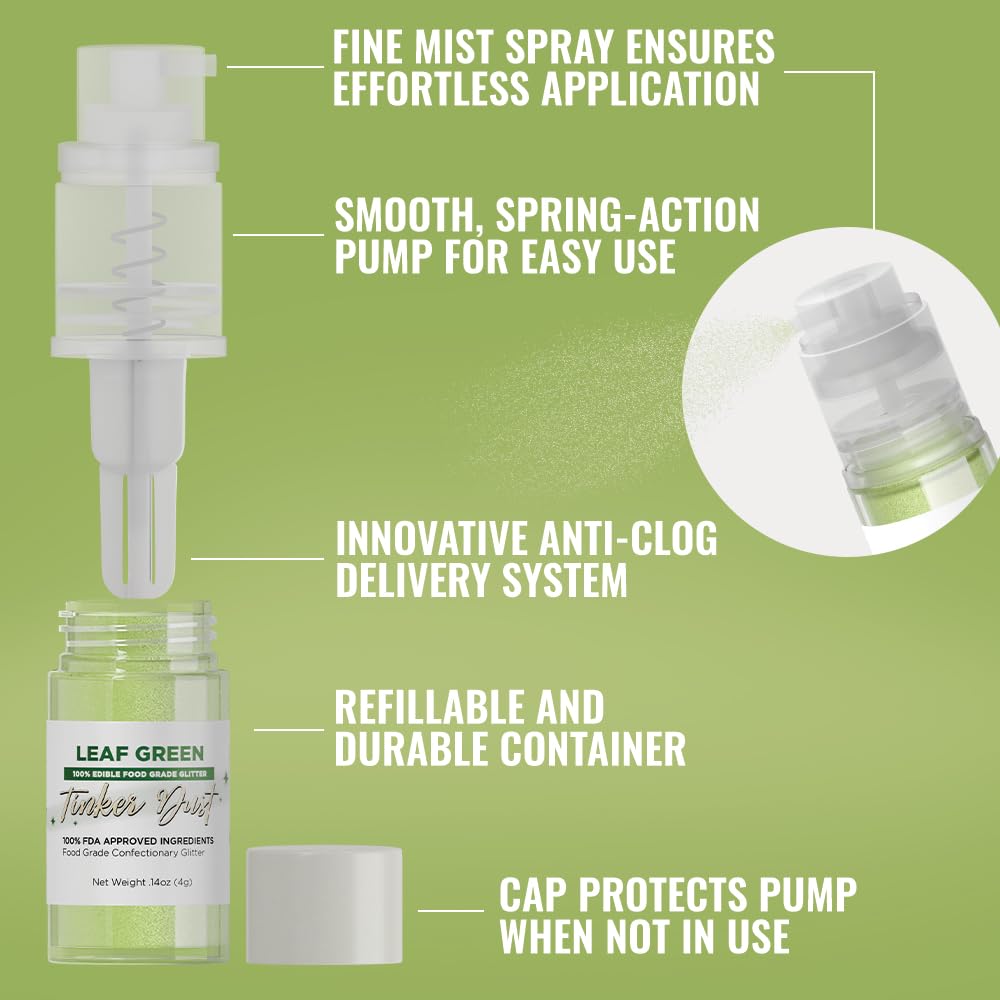 Bakell - Leaf Green Tinker Dust (4g, 1x Mini Spray Pump) Edible Glitter for Food, Desserts, and Beverages!