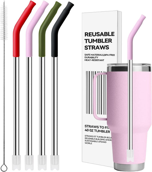 Stainless Steel Straws for 42 oz YETI Tumbler, 4 Pcs Metal Straws Reusable with Silicone Tip for 42 oz YETI, 30oz Stanley Cup(Color 3)