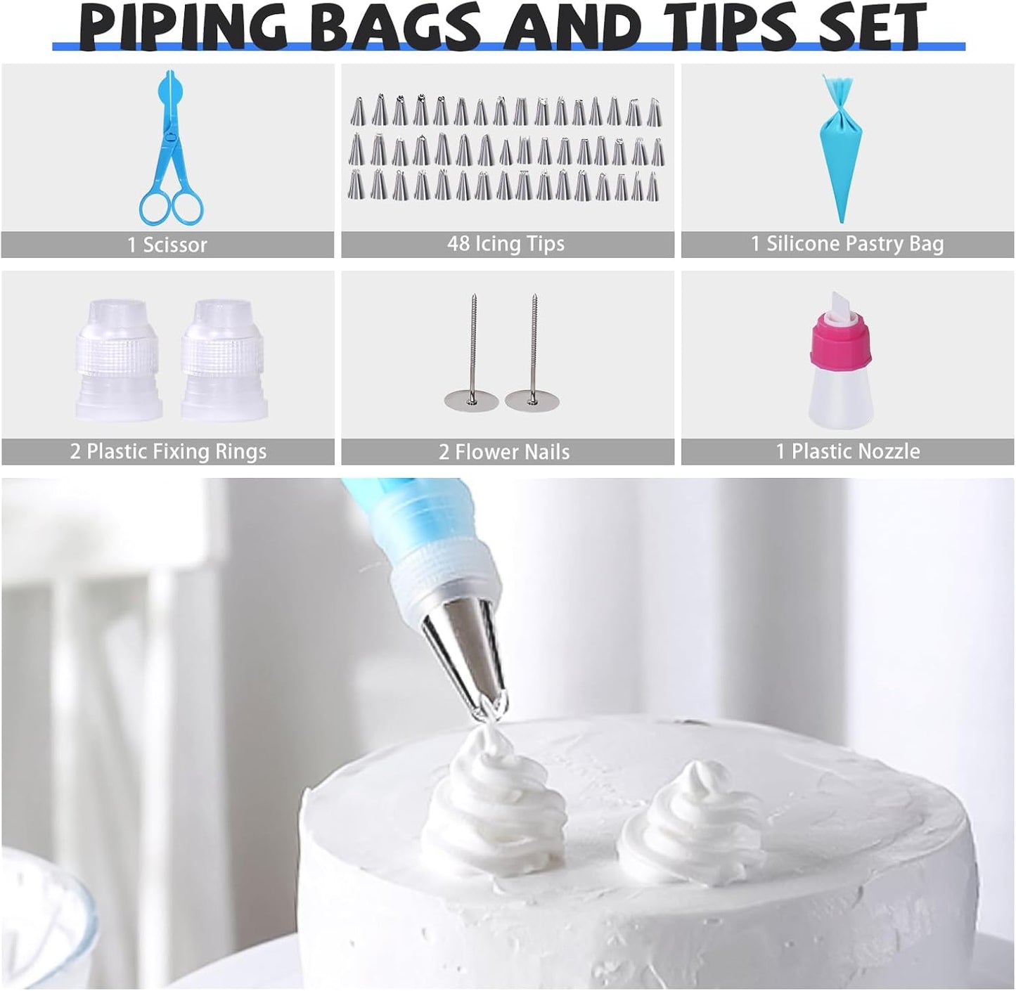 Uten 60PCs Cake Decorating Supplies Kit, Cake Decorating Stand Set with 11'' Cake Turntable, 48 Numbered Icing Piping Tips, 2 Spatulas, 3 Icing Comb Scraper, 1 Scissor, 1 Piping Bags, Baking Tools