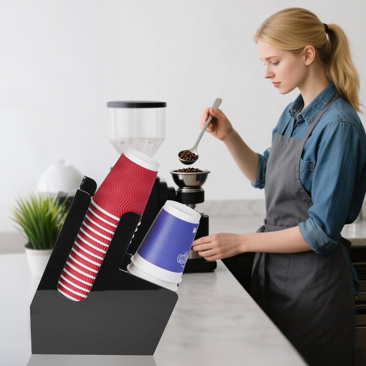 MYITYARD Coffee Station Organizer for Countertop, Acrylic Cup and Lid Dispenser Fit Disposable Paper and Plastic Cups, 2 Compartments Coffee Bar Accessories for Office Breakroom, Home, Kitchen