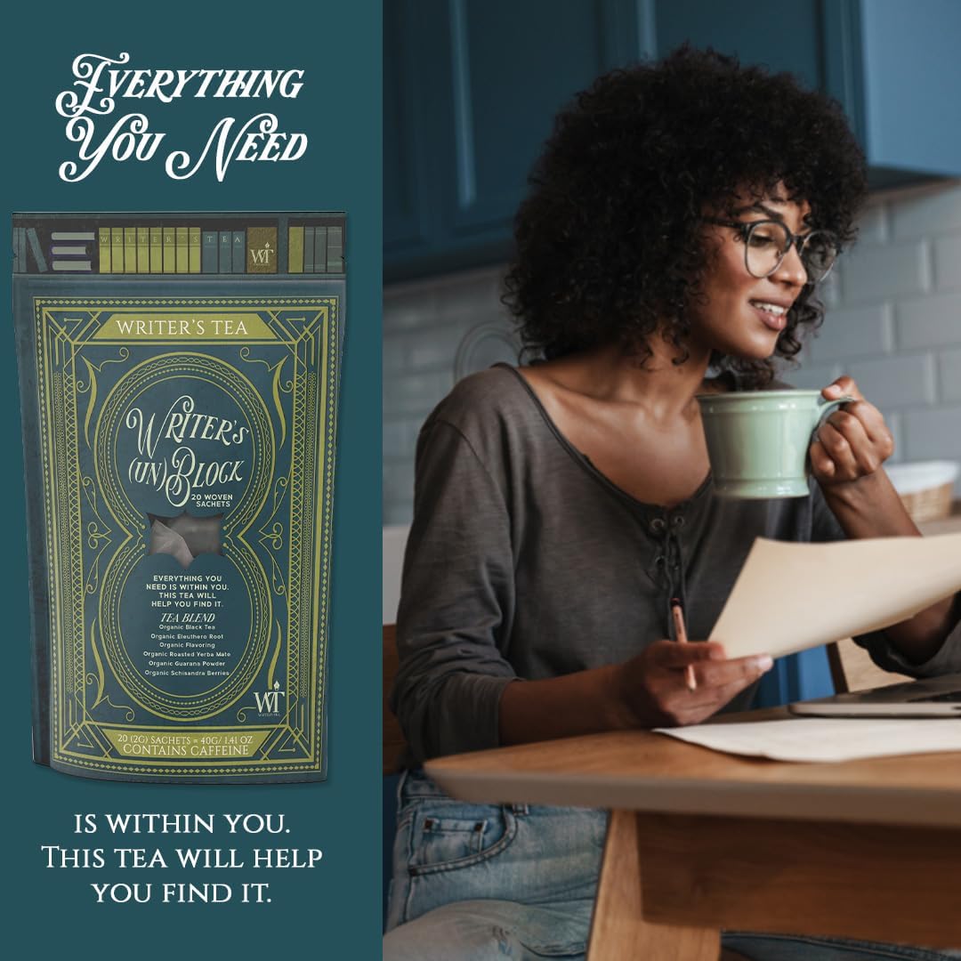 Writer's Tea Writer's (Un) Block - Focus Tea - Black Tea, Eleuthero Root, Flavoring, Roasted Yerba Mate, Guarana Powder, and Schisandra Tea Blend - Contains Caffeine - 20 Woven Sachets